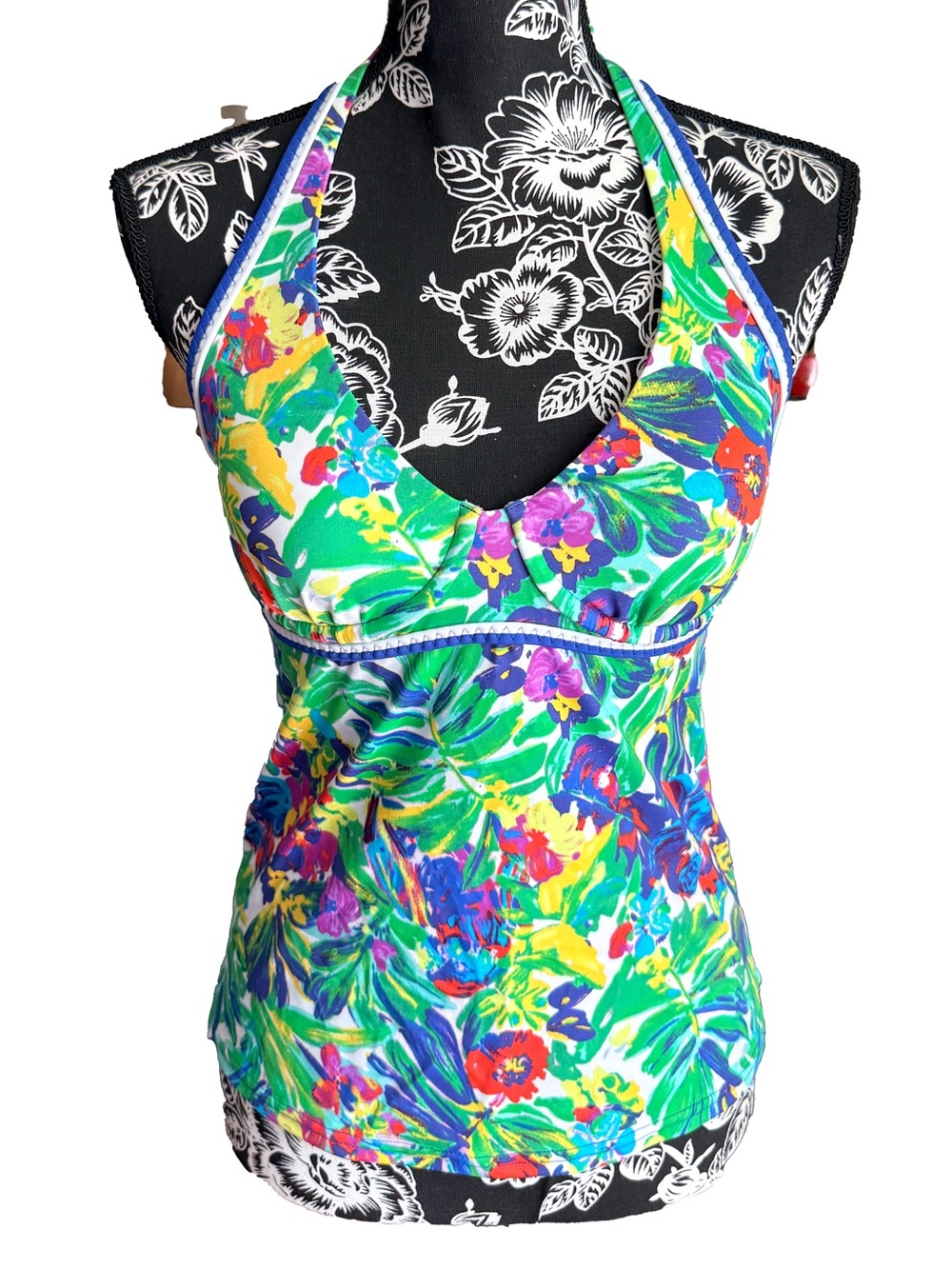 Lands' End Green Floral Halter Tankini Top Size 4 NWOT